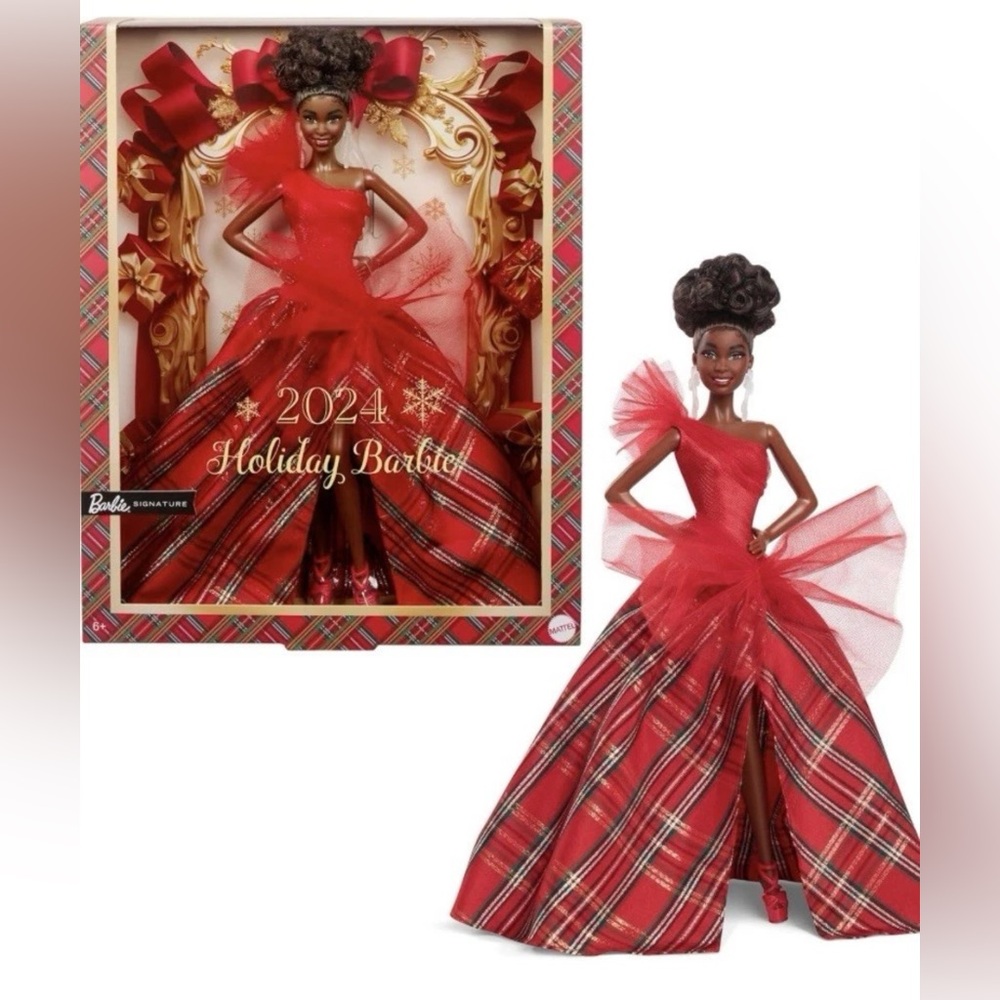 Barbie Signature Christmas 2024 Holiday Doll Brown Hair Plaid & Red Gown